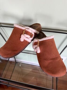 Time and Tru Rust Faux Suede Clog Mules with Pink Faux-Shearling Trim